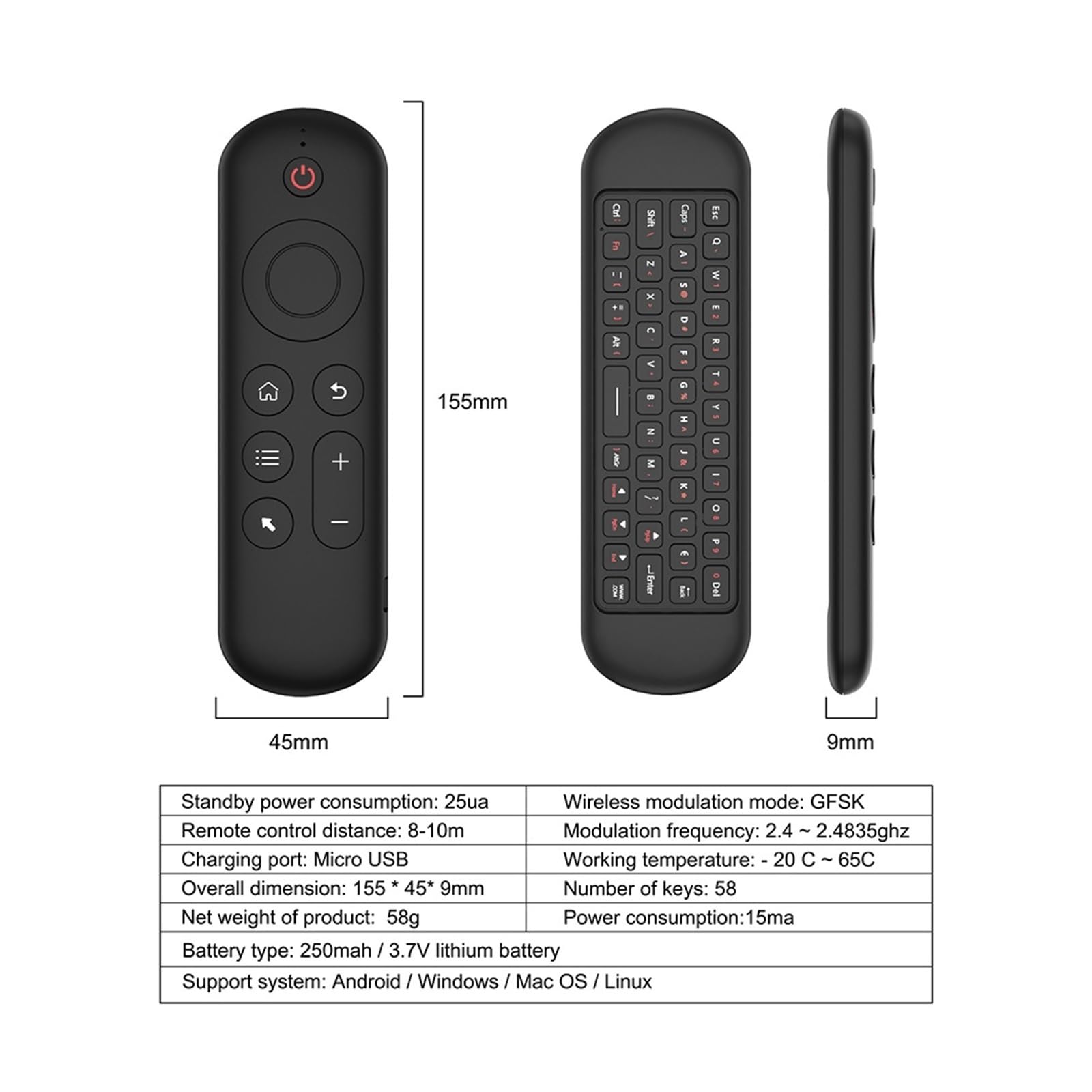 Air Mouse Telecomando di ricambio wireless Bluetooth 2.4G con tastiera retroilluminata a 7 colori, compatibile con Android TV Box (standard M5)