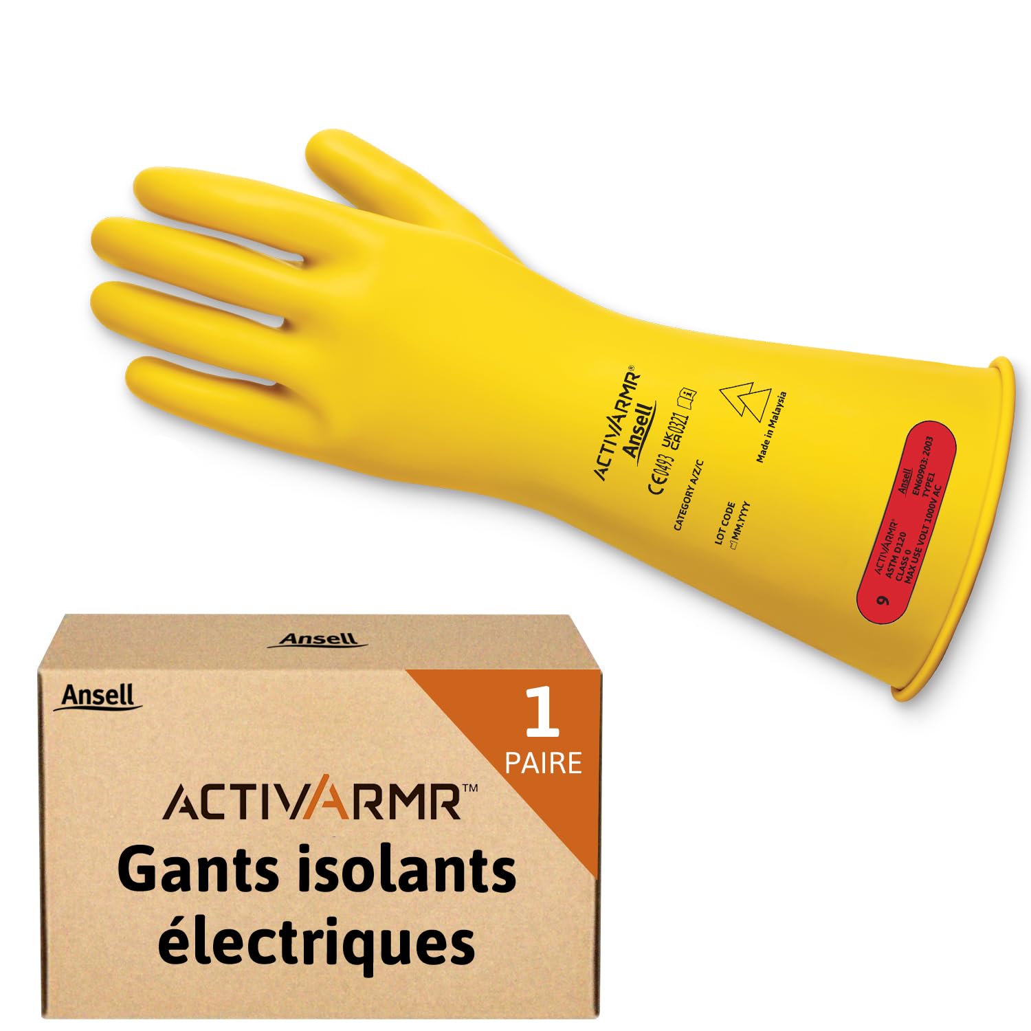 Ansell Gants isolants Ansell ActivArmr Gants Electricien Gants isolants Latex naturel, 36 cm, Jaune, Taille XL, 1 Paire