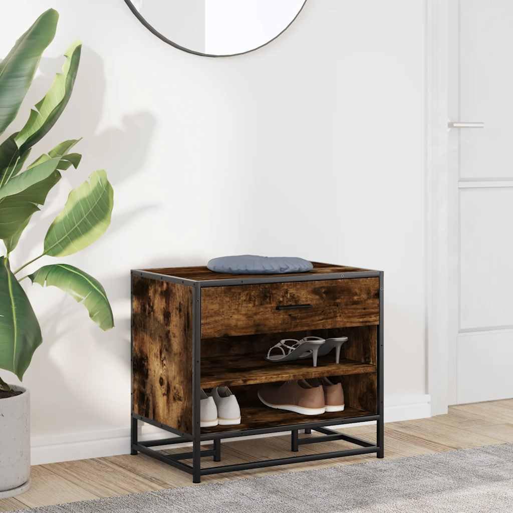 Fengshui Schuhbank Räuchereiche 60x40x53,5 cm Holzwerkstoff Metall | Stabiler Metallrahmen, pflegeleicht, viel Stauraum, mit Wandhalterung