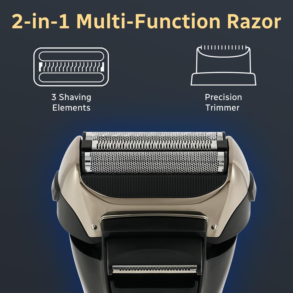 AOOWU Rasoio Elettrico Barba, 2 In 1 Ricaricabile Regolabarba Uomo, Wet & Dry Foil Shaver con 3 Lame, 7500 Giri/Min Portatile Rasoio Elettrico da Uomo, Display Digitale di Potenza, IPX6, Idea Regalo