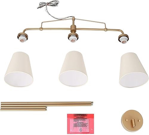 Miniatura 9 de classy leaves Candelabros dorados, lámpara lineal dorada con pantalla de tela blanca, moderna luz de isla de 3 luces para cocina, comedor, sala de