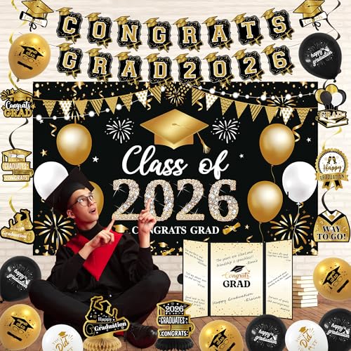 Image of Vlipoeasn Black Gold 2026 Graduation Party Decorations 2026 College /High School Graduation Decorations Party Supplies, Class of 2026 Congrats Grad Backdrop Banner Signature Book