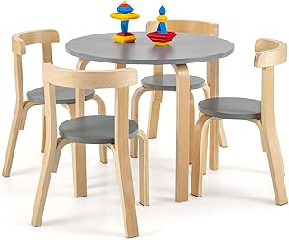Costzon Kids Table and Chair Set, 5-Piece Wooden Activity Desk Set w/Toy Bricks, Classroom Playroom Daycare Furniture for Playing, Drawing, Reading, Bentwood Toddler Table and Chairs (Grey)