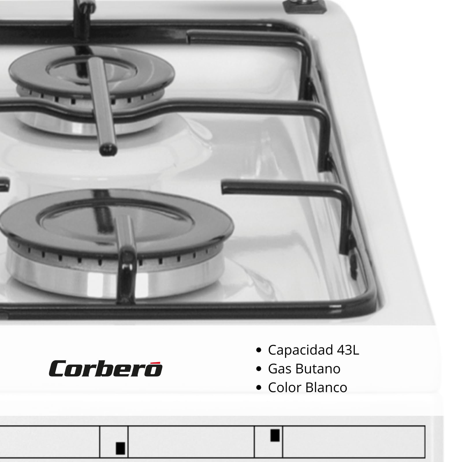 Corberó CCSF45020BW Kochfeld Plus 50 cm | 4 Kochfelder Butangas | Ofen 43 L | Deckel aus Metall | doppelte Glastür | Platte und Grill verchromt | automatische Sicherheitsabschaltung | Weiß