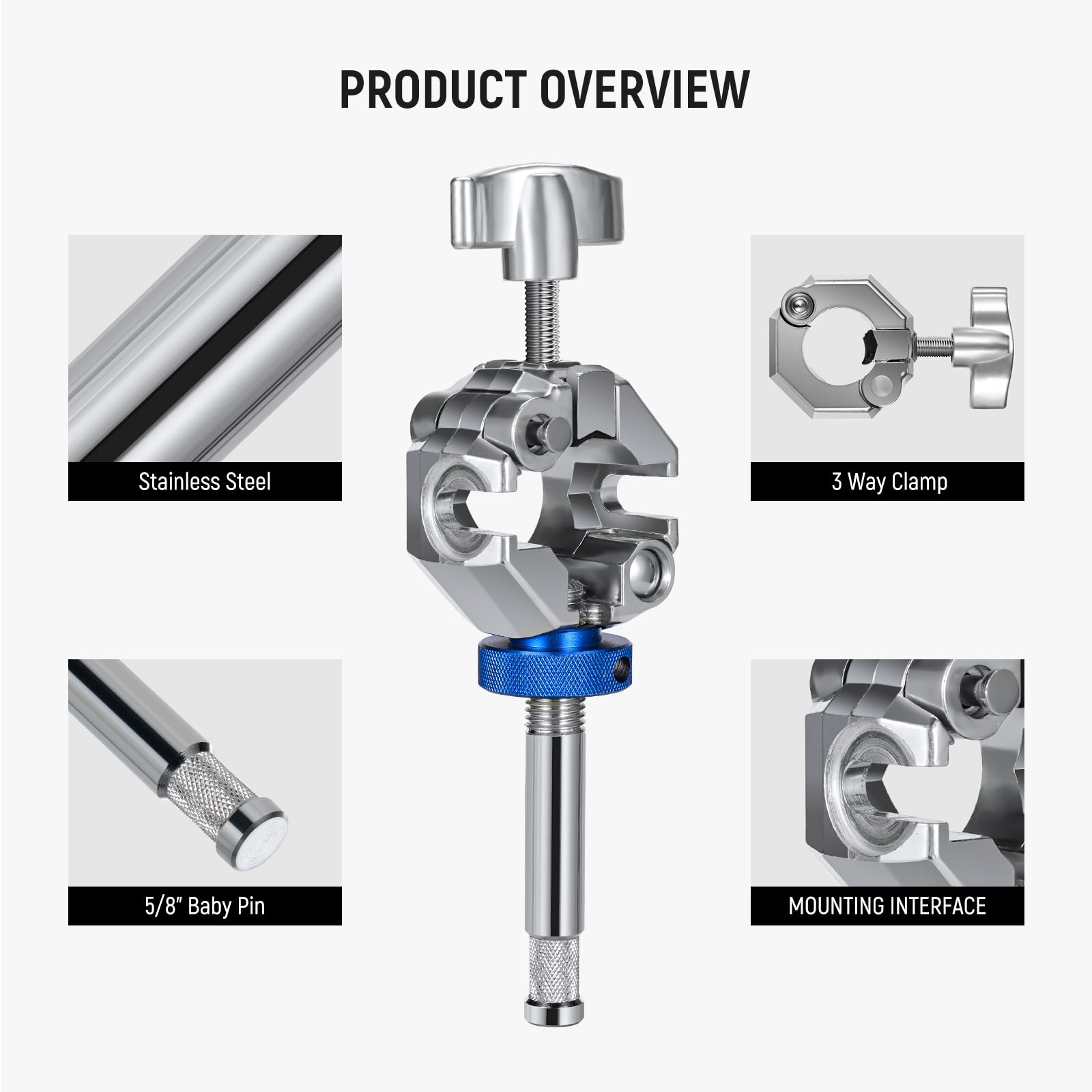 NEEWER Abrazadera 3 Vías con 105mm 5/8" Baby Pin Stud para 25-35mm Tubo Soporte C Brazo Boom Agarre Soporte de Luz Fotografía, Acero Inoxidable para Flash Luz Vídeo LED, Carga MAX. 22lb/10kg, UA045