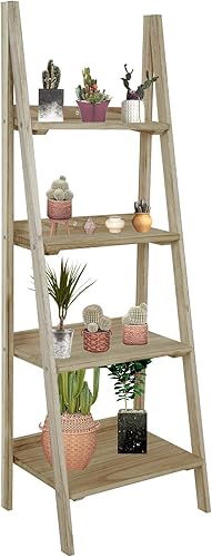 Babion Estante de escalera de 4 niveles, estante de escalera para plantas, color marrón, sólido, estante inclinado de madera, soporte independiente