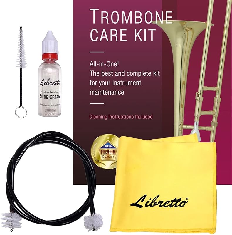 Trombone All-Inclusive Care Kit: Flexible Bore Brush + Mouthpiece Brush + Slide Cream+ Microfiber Cleaning Cloth + Slide Grease, w/Handy Case, Time to Clean & Extend Life of Your Trombone!