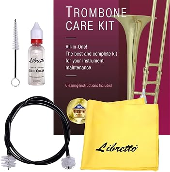 Libretto Trombone All-Inclusive Care Kit Flexible Bore Brush + Mouthpiece Brush + Slide Oil+ Microfiber Cleaning Cloth + Slide Grease, w/Handy Case, Time to Clean & Extend Life of Your Trombone!