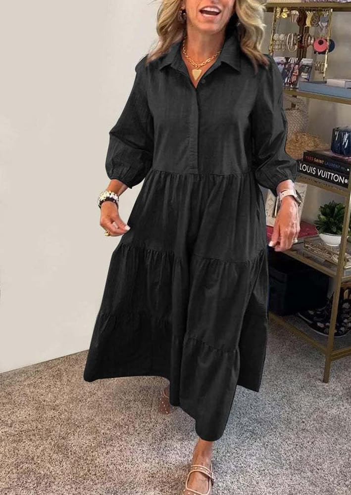 chouyatou Women's Loose Fit Puff Sleeve Maxi Tiered Babydoll Dress V-Neck Cotton Long Button Down Dress - Image 2