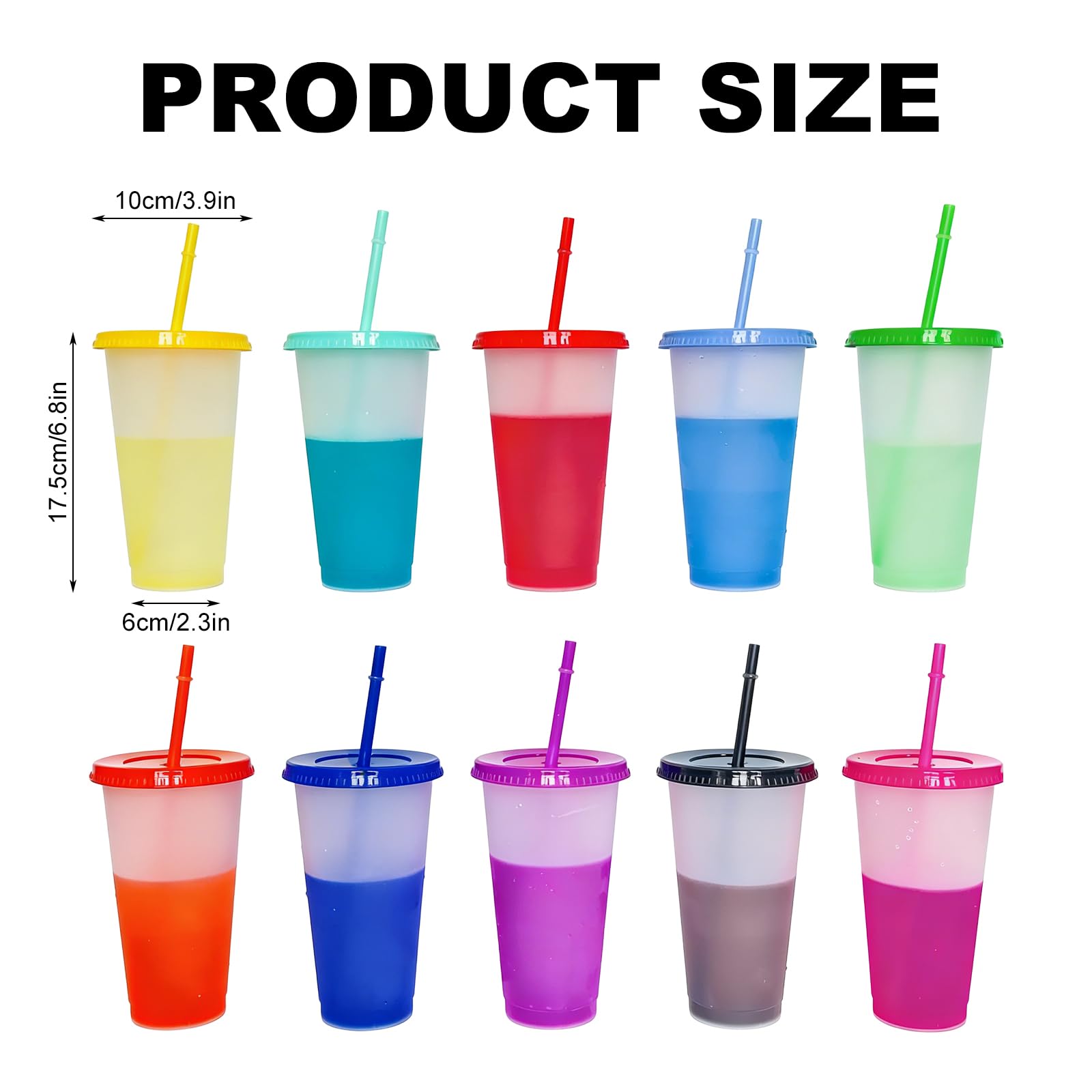 10 bicchieri che cambiano colore, 710 ml, con coperchio, in plastica colorata riutilizzabile, con coperchio e cannuccia, per caffè, bevande fredde, campeggio, infrangibili