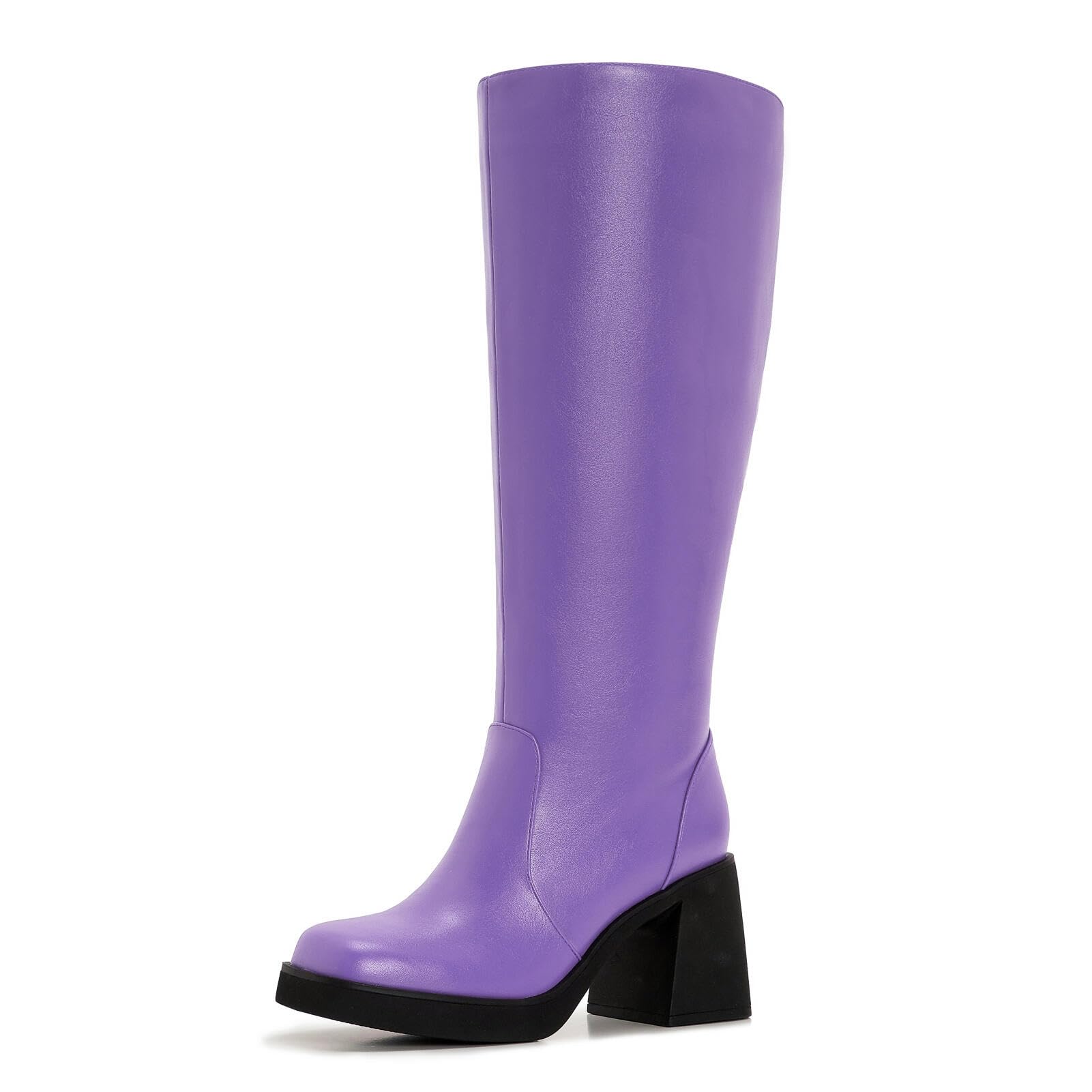 ZXHYZLZ Womens Wide Calf Knee-High Boots Plus Size Faux Leather Riding Boots with Chunky Heel Platform for Winter