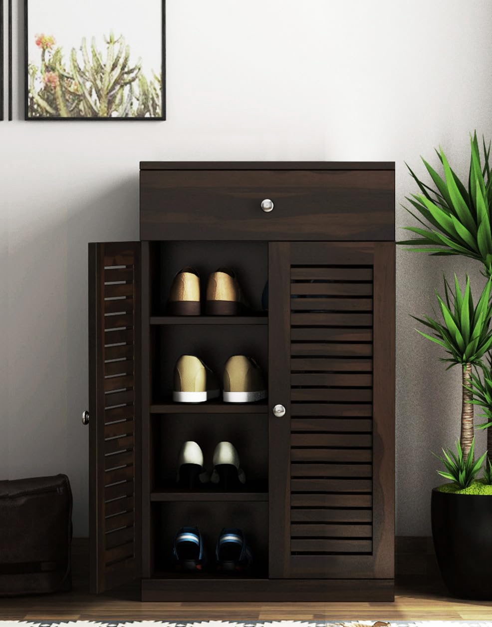 The Attic Evora Shoerack, Shoe Storage Cabinet for Home, Shoe Rack with Seat & Door, Shoe Organizer, Shoe Rack for Home, Walnut Matte Finish