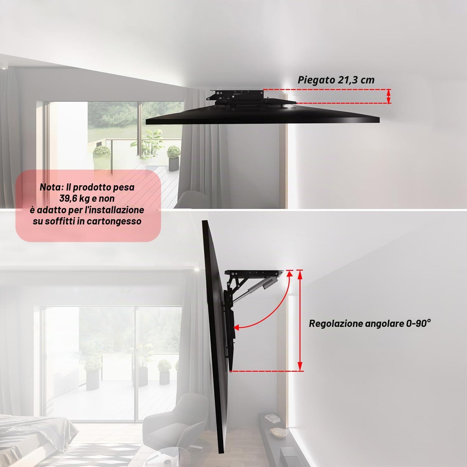 supporto motorizzato tv per soffitto ribaltabile e girevole, Regolazione dell'angolazione da 0 a 90° staffa tv soffitto motorizzata con telecomando per schermi da 32 a 70 pollici (black, 32-70 inch)