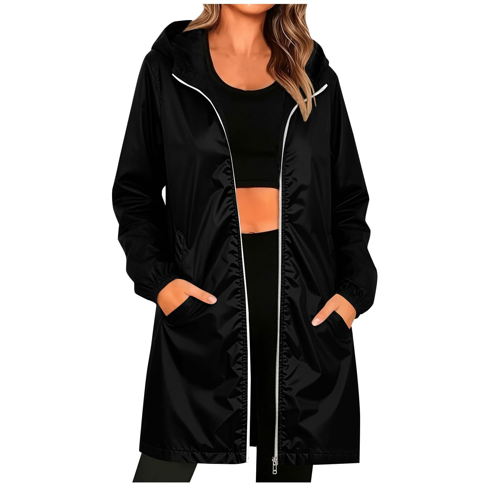 Veste De Pluie Femme Long Imperméable,Manteau À Capuche Coupe Vent Manteaux Mi Saison De Travail Vestes De Randonnée Avec Poches Ciré Femme Imperméable Léger Et À Séchage Rapide