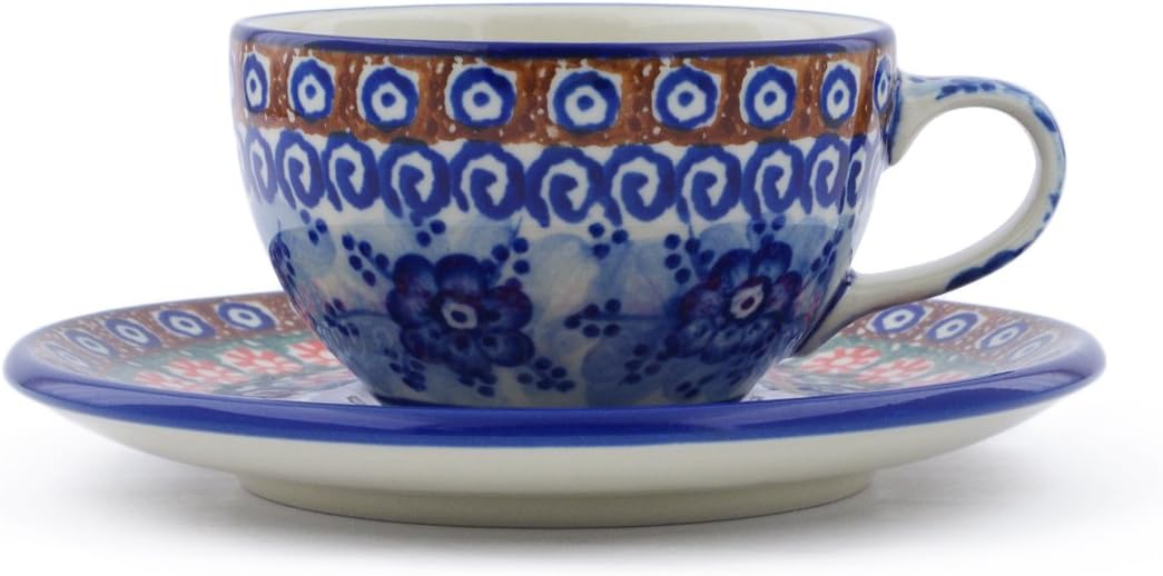 Polmedia Polish Pottery Cup with Saucer UNIKAT - Dancing Blue Poppies Pattern Handmade in Boleslawiec Poland by Ceramika Artystyczna + Certificate of Authenticity