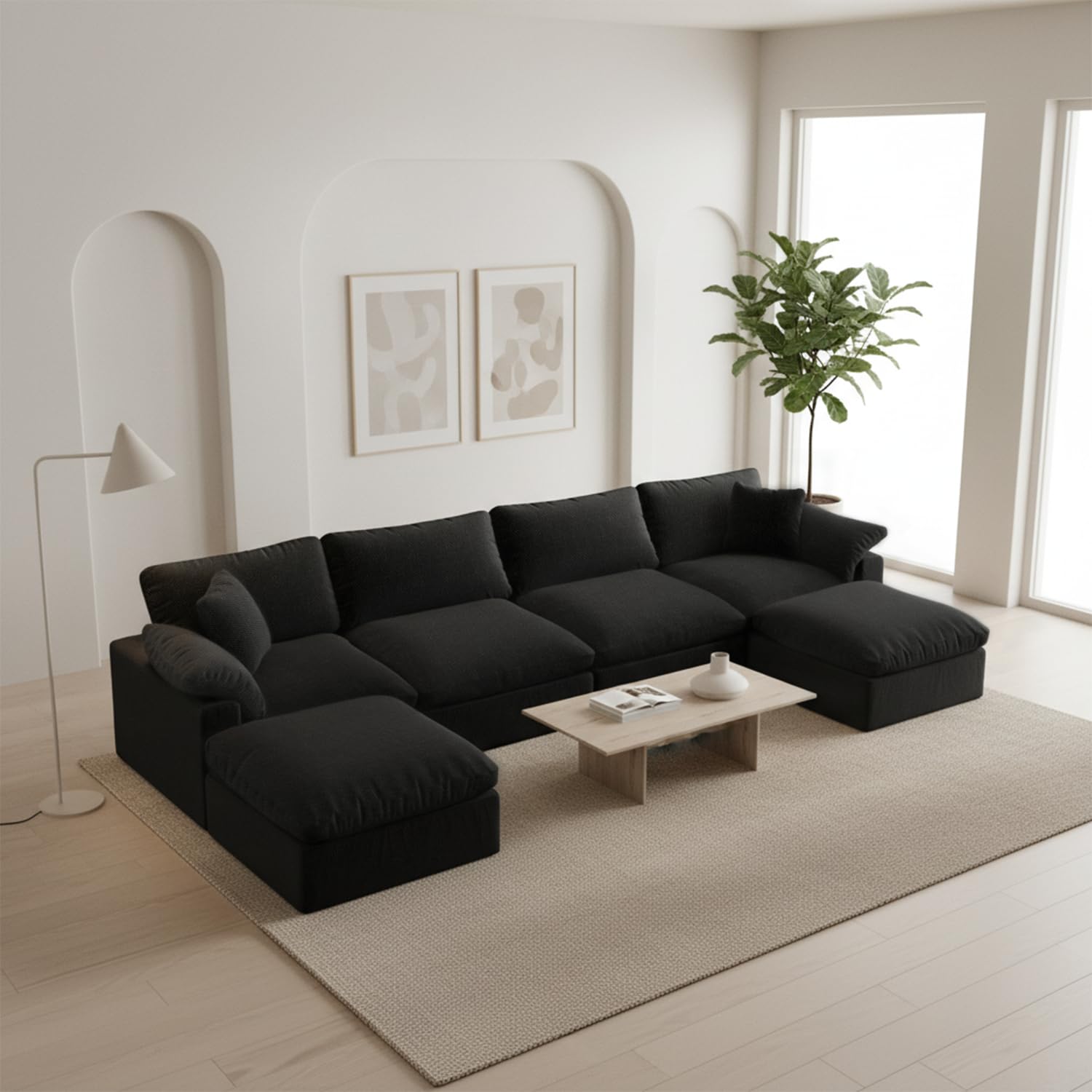 Modern Modular Sectional Sofa U-Shaped 6-Seat with Ottoman,Black-Extra Comfty Deep Seat Couch for Living Room,Apartment,Office &amp; Small Spaces