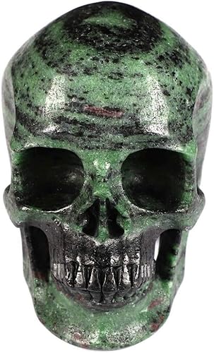 Vista 2 de Skullis Calavera de cristal súper realista de zoisita de rubí de 5.0 pulgadas, escultura de arte fino de piedras preciosas talladas a mano, estatua