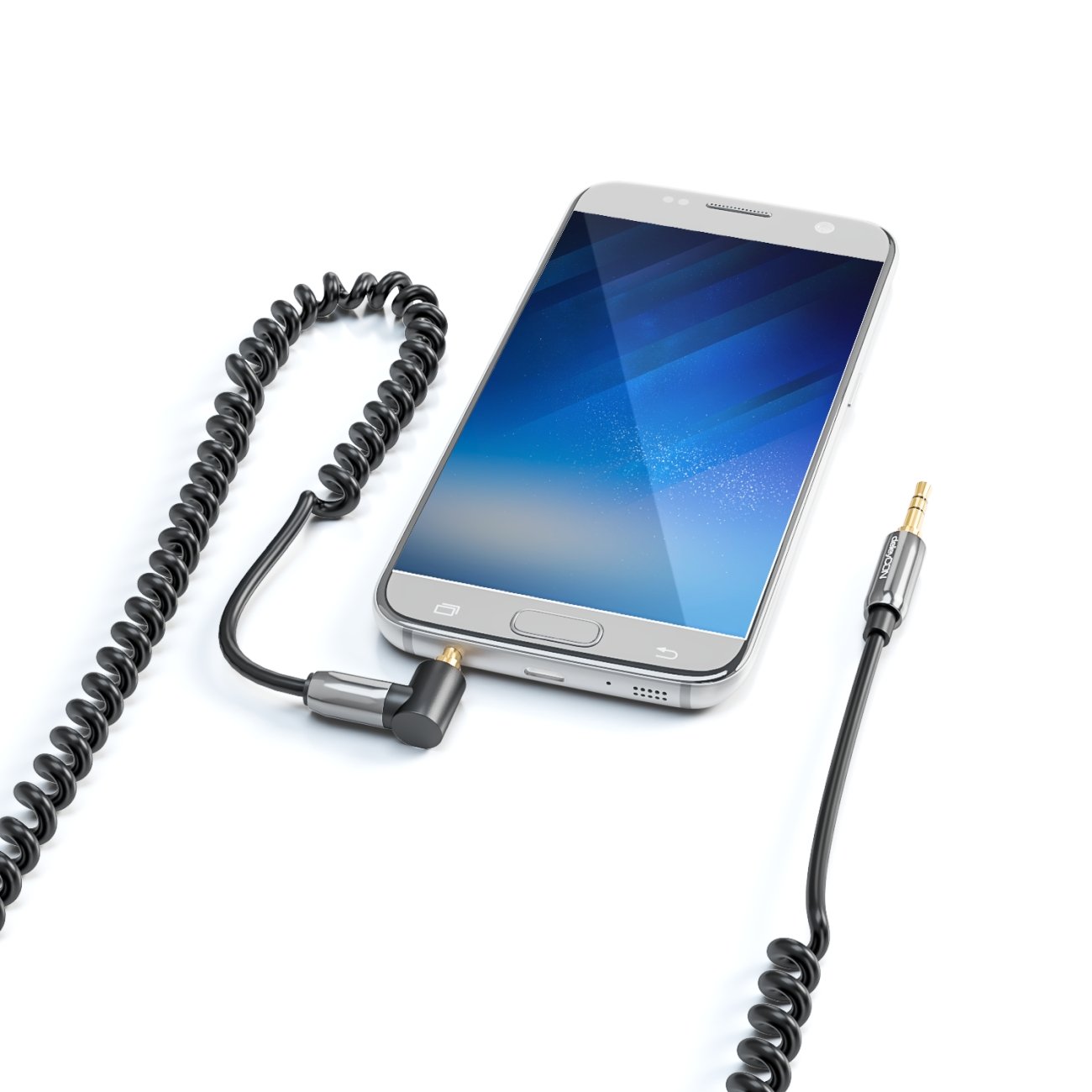 deleyCON 2m Kabel Audio Stereo AUX Spiralny - Jack 3,5 mm Wtyk na Jack 3,5 mm Pod Kątem 90° - Pozłacane Złącza - Kompatybilny z Odtwarzaczem MP3, Smartfonem, Tabletem, TV, Hi‑Fi