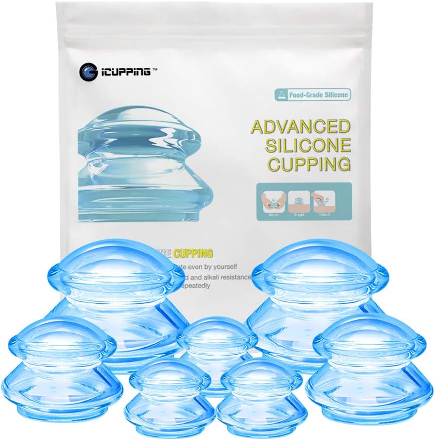 ICUPPING Blue Silicone Cupping Therapy Set, 7 Body Massage Cups (7 Cups) | 7 blue silicone cups in 3 sizes for adjustable suction, static cupping, gliding massage, and balanced full-body placement