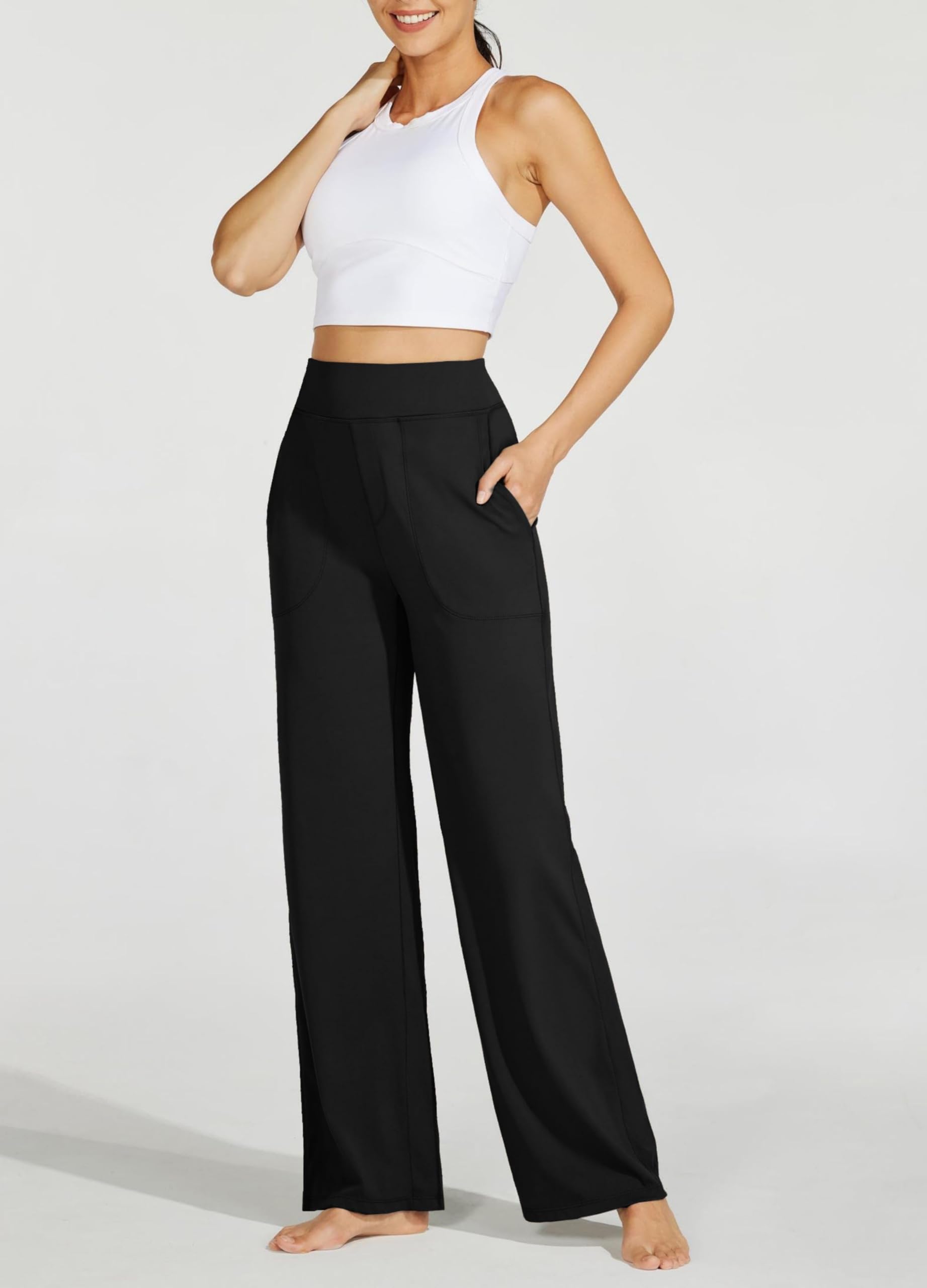 Timuspo Pantalon de yoga pour femme - Taille haute - Avec poches - Pantalon de jogging - Jambes larges - Confortable - Droit - Contrôle du ventre - Pantalon de sport - Pantalon de yoga