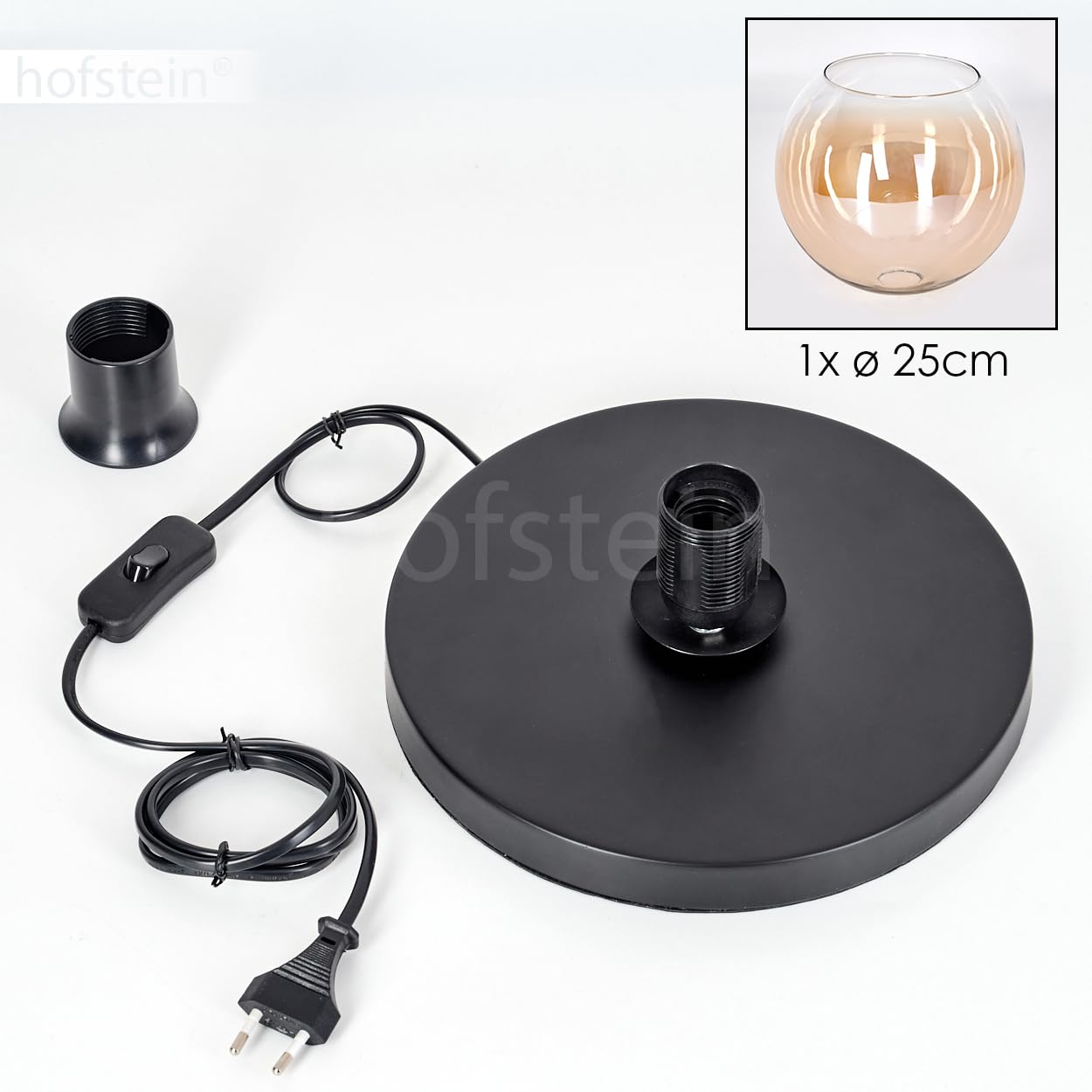 HOFSTEIN Lampada da tavolo Koyoto, lampada da tavolo in metallo/vetro di colore nero/trasparente, con paralume in vetro (diametro 25 cm) e interruttore on/off sul cavo, 1 lampadina E27, senza