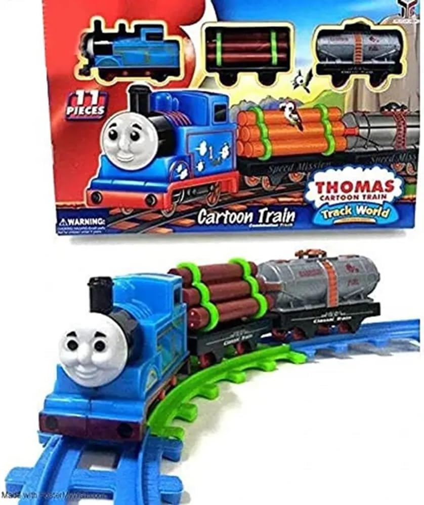 Electric Cartoon Express Train Toy Set with Track for Kids | Battery Operated Moving Train Engine with Cargo & Fuel Wagons | Snap-Fit Track World Playset for Toddlers & Children (11 Pieces)
