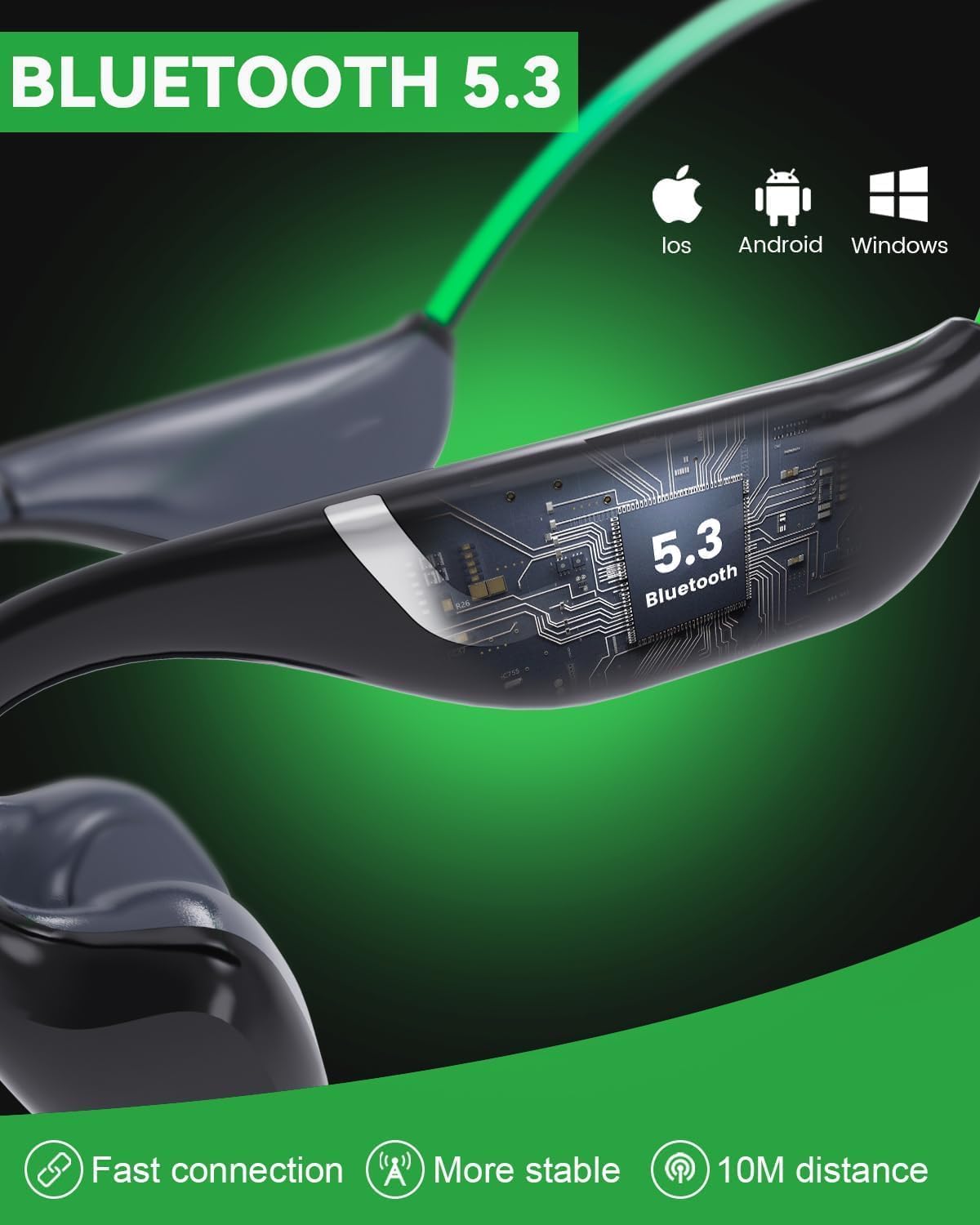 MONODEAL Auriculares conduccion osea, Auriculares inalambricos Deportivos IPX7 a Prueba de Sudor, Bluetooth 5.3 Verde con luz Inteligente, auriculare oseos 20 Horas de reproducción