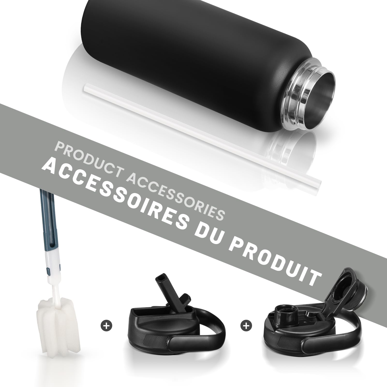 Fjbottle Borraccia Termica con cannuccia - 2xTappi - 950ML/1200ML Bottiglia Termica - Senza BPA/Senza Perdite Borracce acciaio inox per Scuola, Sport, Palestra, Ciclismo