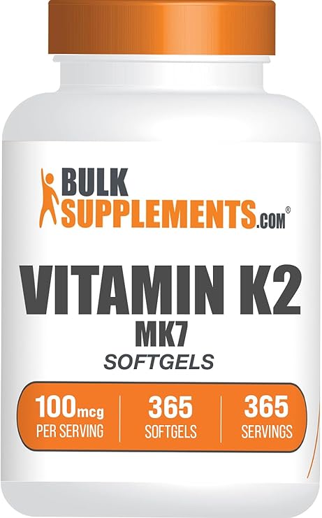 BULKSUPPLEMENTS.COM Vitamin K2 Softgels - Vitamin K2 MK7, Vitamin K2 Supplement, Vitamin K2 100 mcg - MK7 Vitamin K2 for Bones, Gluten Free - 1 Softgel per Serving, 365 Softgels