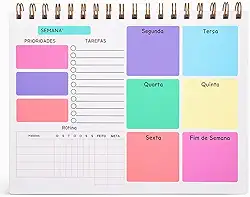 Planner Semanal Colorido com 50 Folhas - Capa de Acetato e aramado - Anotações, Tarefas, Prioridades e Rotina
