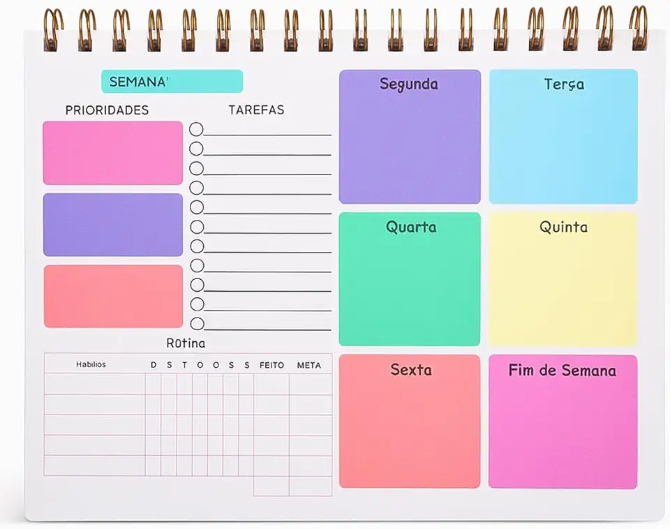 Planner Semanal Colorido com 50 Folhas - Capa de Acetato e aramado - Anotações, Tarefas, Prioridades e Rotina