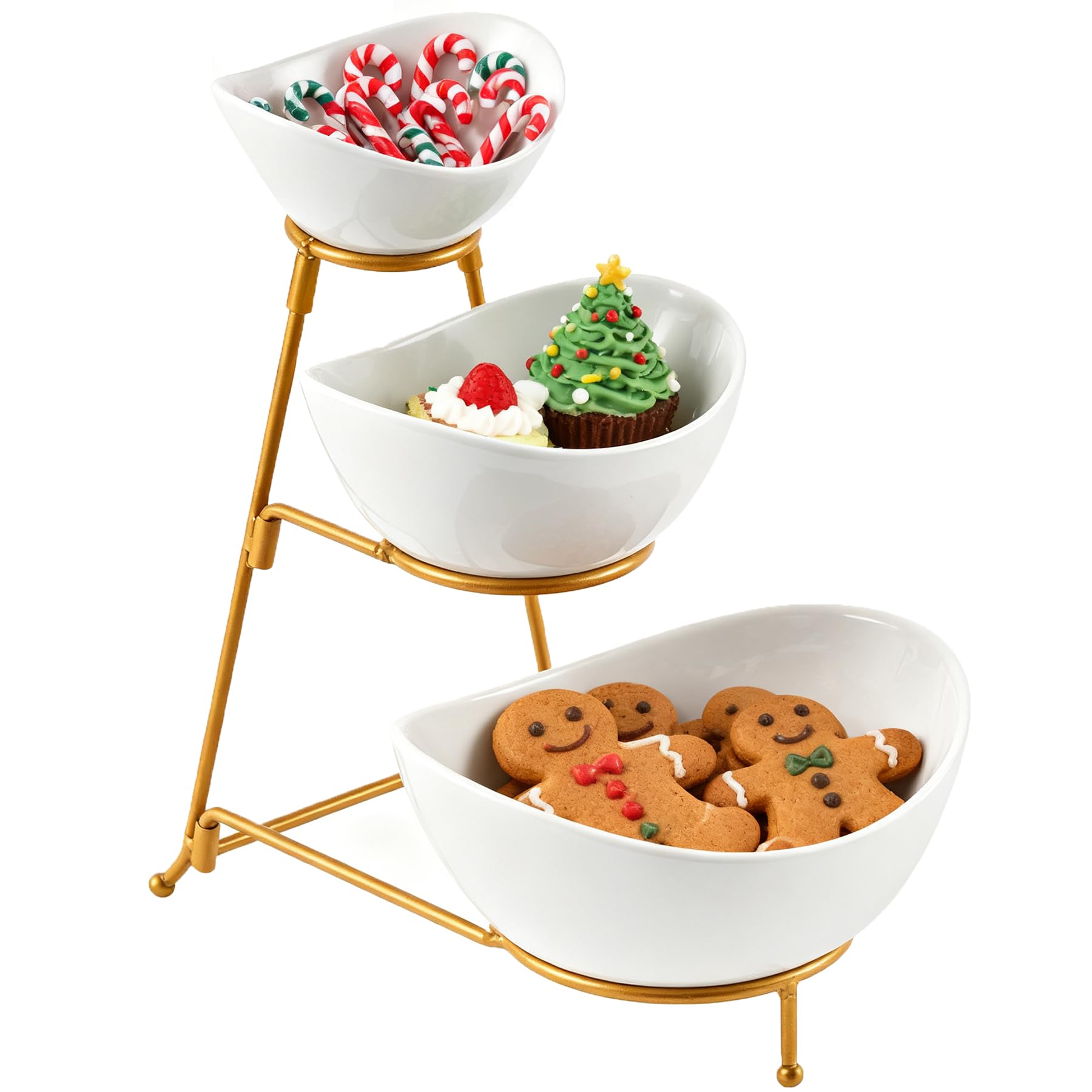 LYEOBOH 3 Tier Serving Bowls Set Tiered Serving Stand, Porcelain Oval Bowls with Collapsible Metal Stand for Entertaining, Party, Dessert Display, Candy, Chip and Dip (Gold)-45oz / 17.5oz / 7oz