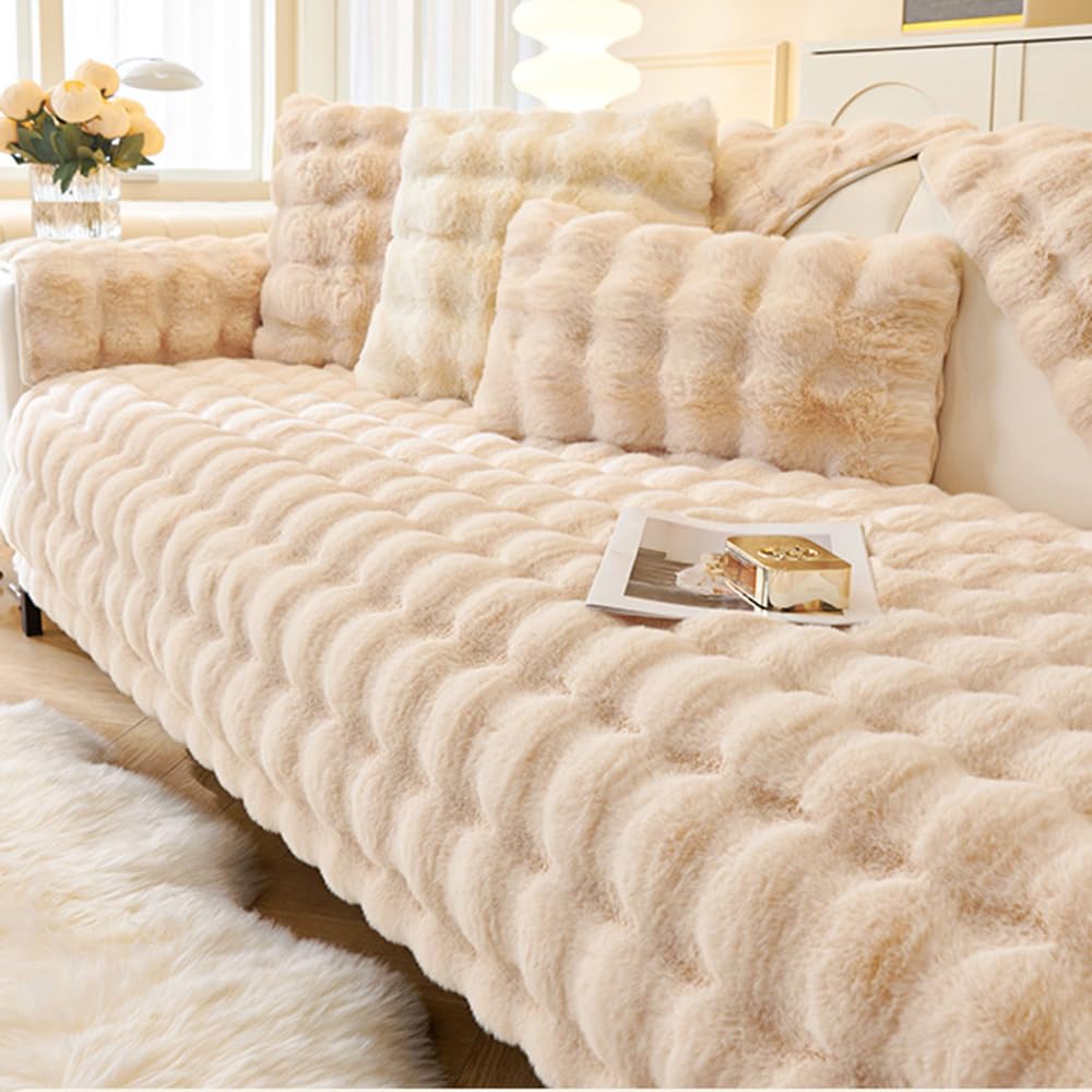 CANYUE Thick Rabbit Plush Sofa Covers, Non-Slip Sofa Slipcovers, Furniture Protector Sofa Covers for 3 Cushion Couch Loveseat Recliner L Shaped Armrest Backrest (Light camel,110x110cm) — image 1