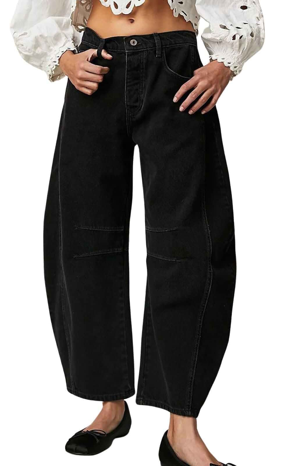 Womens Stretchy Mid Rise Barrel Jeans Vintage Loose Wide Leg Cropped Denim Pants Y2k Baggy Boyfriend Jeans Regular