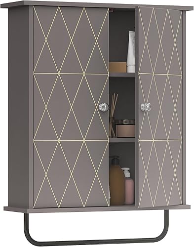 Armario de pared para baño sobre el inodoro, armario de baño con decoración dorada, estantes ajustables, botiquín y botiquín que ahorra espacio en