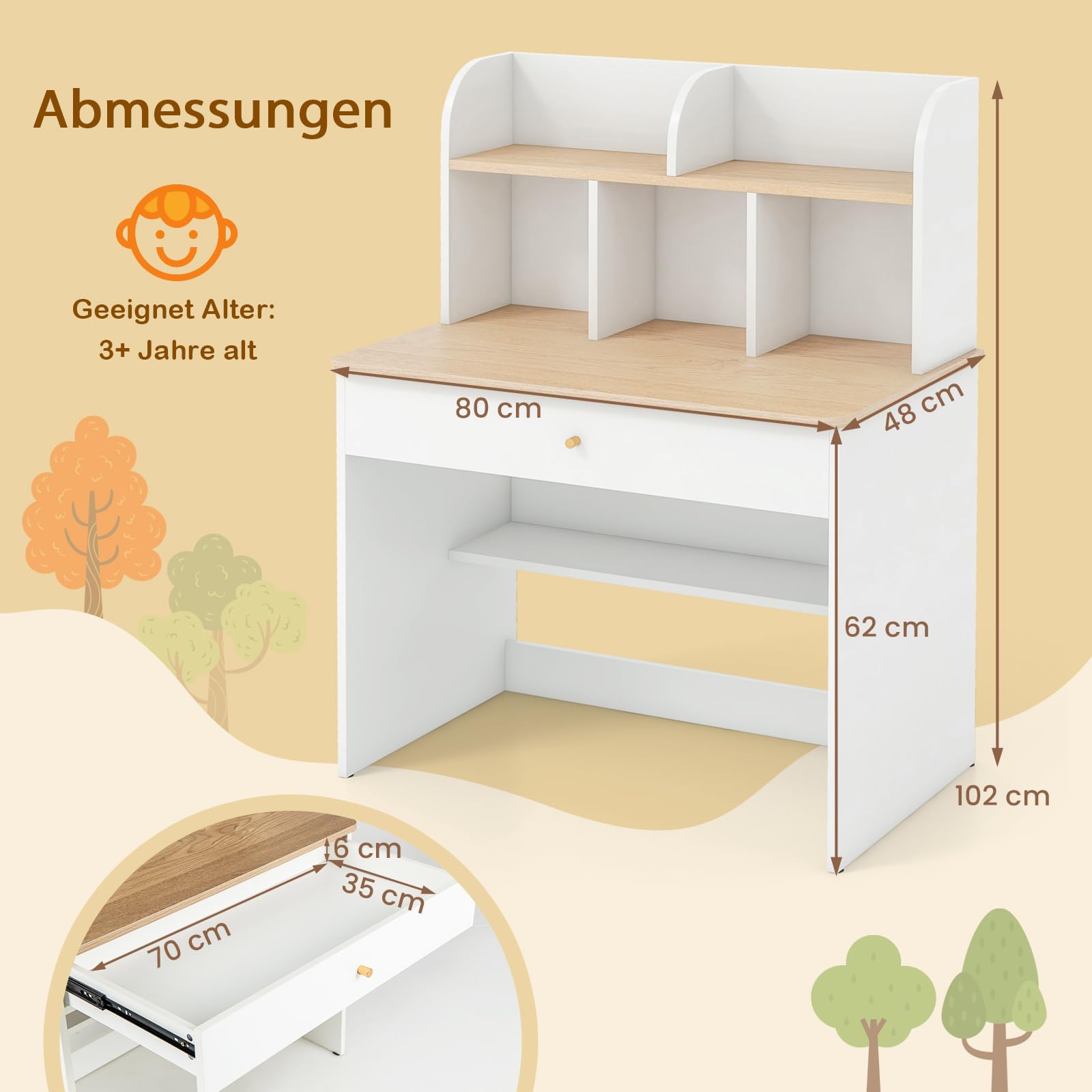 DREAMADE Schreibtisch Kinder aus Holz, Jugendschreibtisch mit Schublade & offener Ablagefächer & Regal, Schülerschreibtisch Kinderschreibtisch für Kinder ab 3 Jahren (Weiß+Natur)