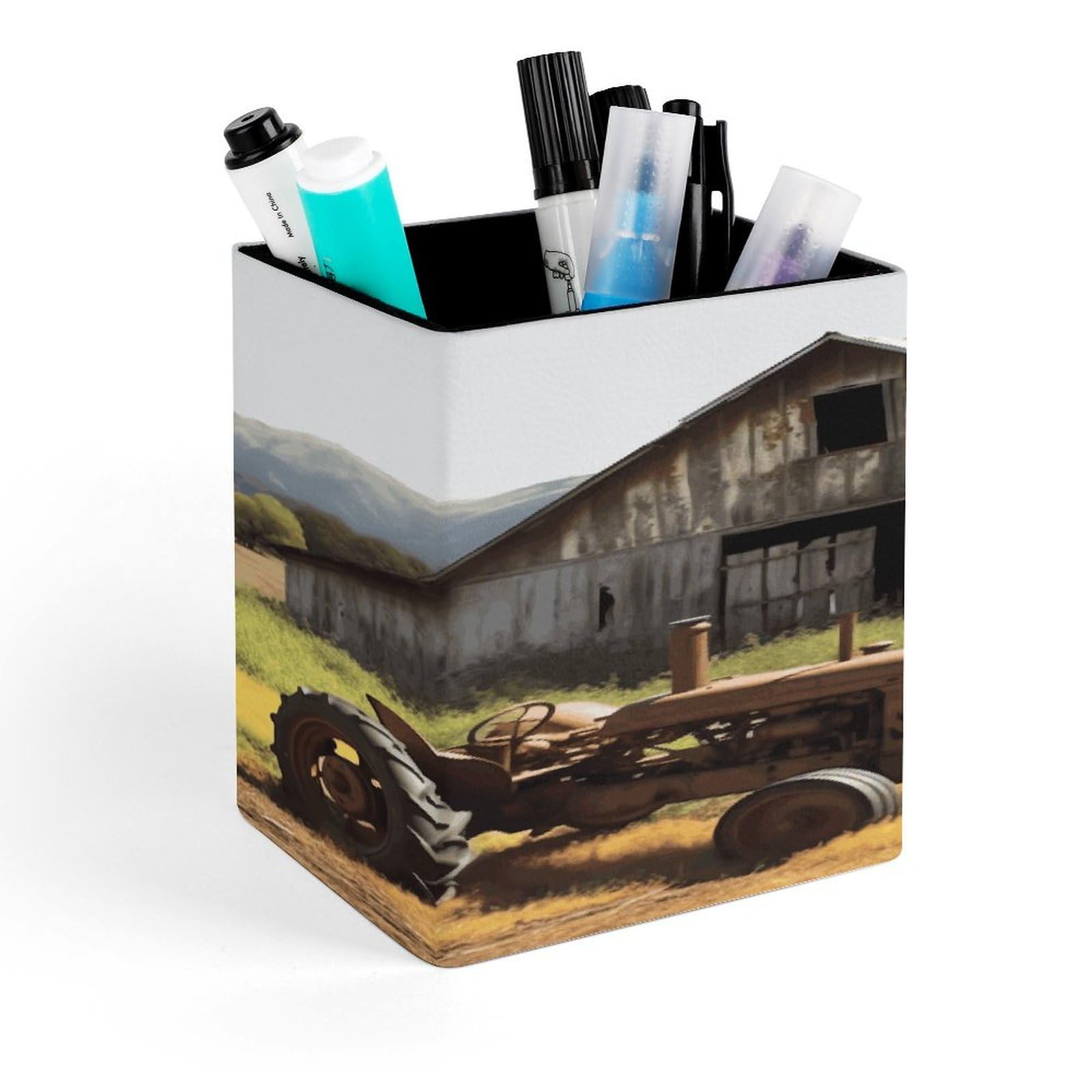 FekiLoot Square Old Wooden Barn with Rusted Tractor Pen Holder PU Leather Pencil Cup Desk Organizer Cute Makeup Brush Storage Organizer Modern Design Office Accessories Container Box 4.3x 3.5x 3.1 in