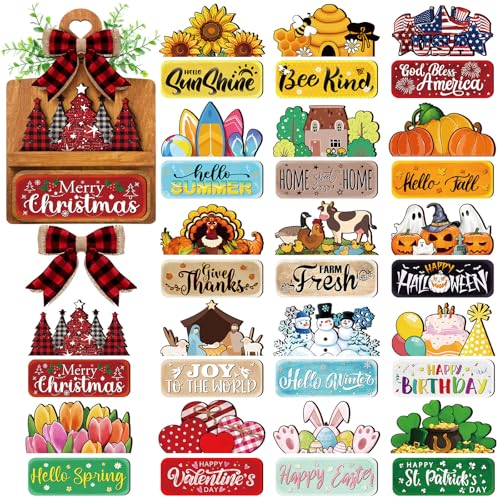 GlikCeil 37 Pcs Interchangeable Seasonal Decor Farmhouse Breadboard Interchangeable Seasonal Tier Tray Decor Holiday Halloween Thanksgiving Christmas Wooden Decoration with Bow for Table Kitchen