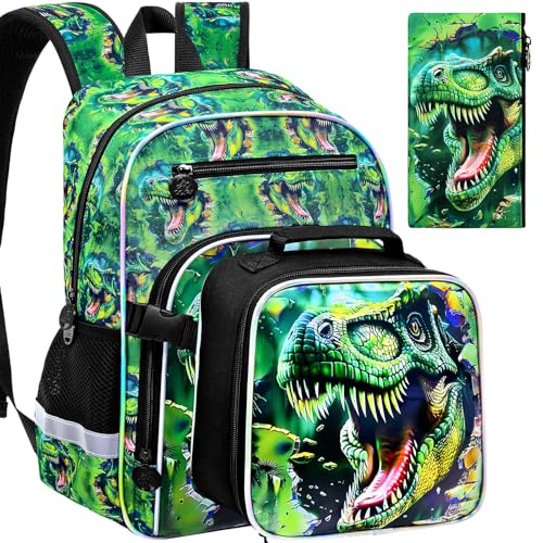 Image of 3Pcs Dinosaur Backpack for Boys, 16 inch Kids Bookbag for Elementary Preschool Kindergarten, School Backpacks with Lunch Box (Green)