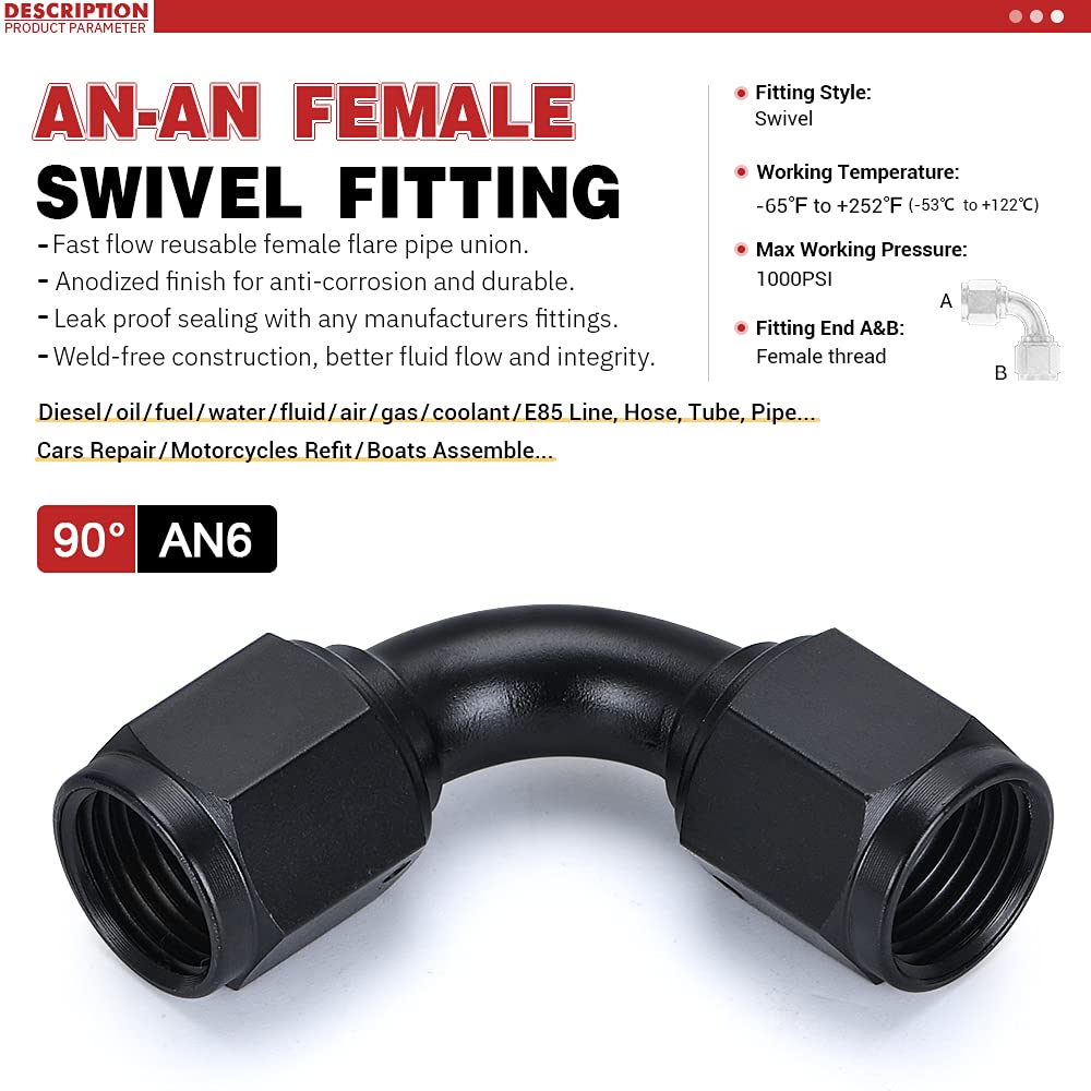 Hiwowsport 4PCs 6AN AN6 -6AN 90 Degree BLACK SWIVEL FUEL OIL HOSE END FITTINGS E - Foto 3