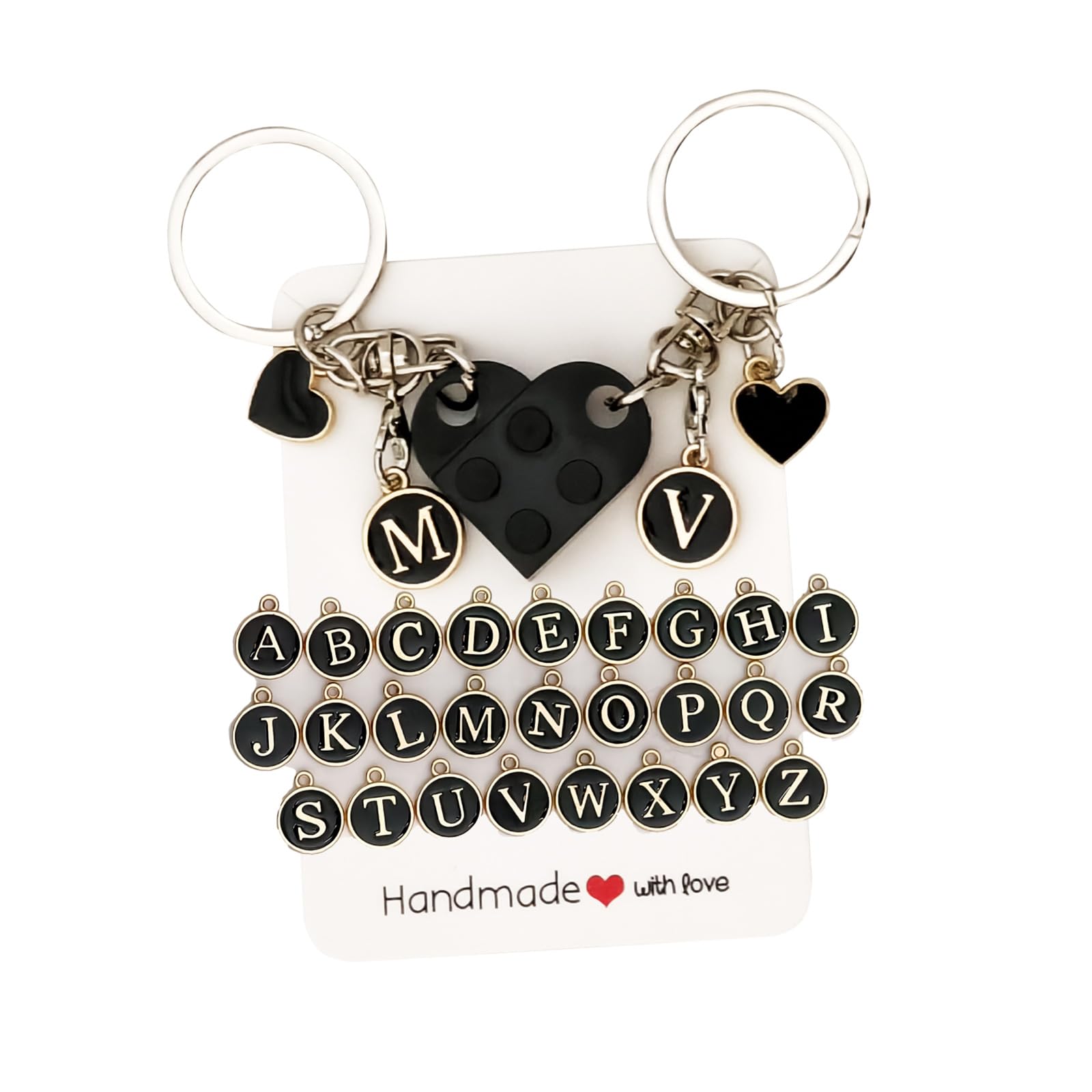 4Piggie Schlüsselanhänger Partner Herz, 2 Stück Personalisiertes Baustein-Set mit Extra-Anhänger & Full A-Z,Geschenk für Paare, Valentinstag und Freundschaft