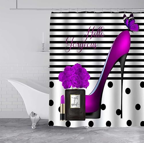 Miniatura 4 de Cortina de ducha de tacones altos morados, Hello Gorgeous Perfume a rayas blancas y negras, lápiz labial de mariposa rosa, maquillaje moderno de