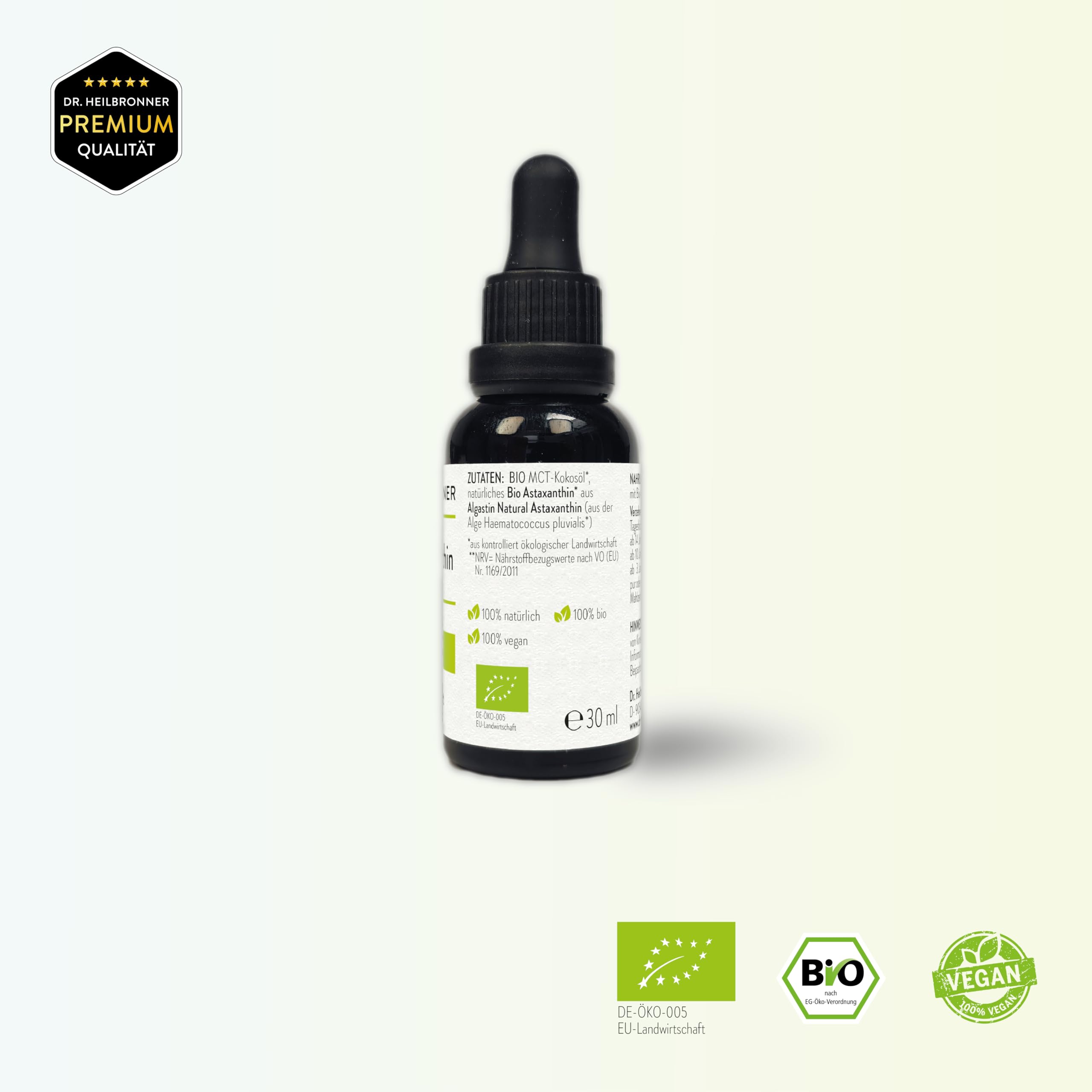 BIO Astaxanthin Tropfen - Hochdosiert - 30 ml = 720 Tropfen - 8 Tropfen = 8mg Astaxantin pro Tag = 90 Tage - Vegan - Liposomal - für Kinder - flüssig - liquid - bioverfügbar - Dr. Heilbronner