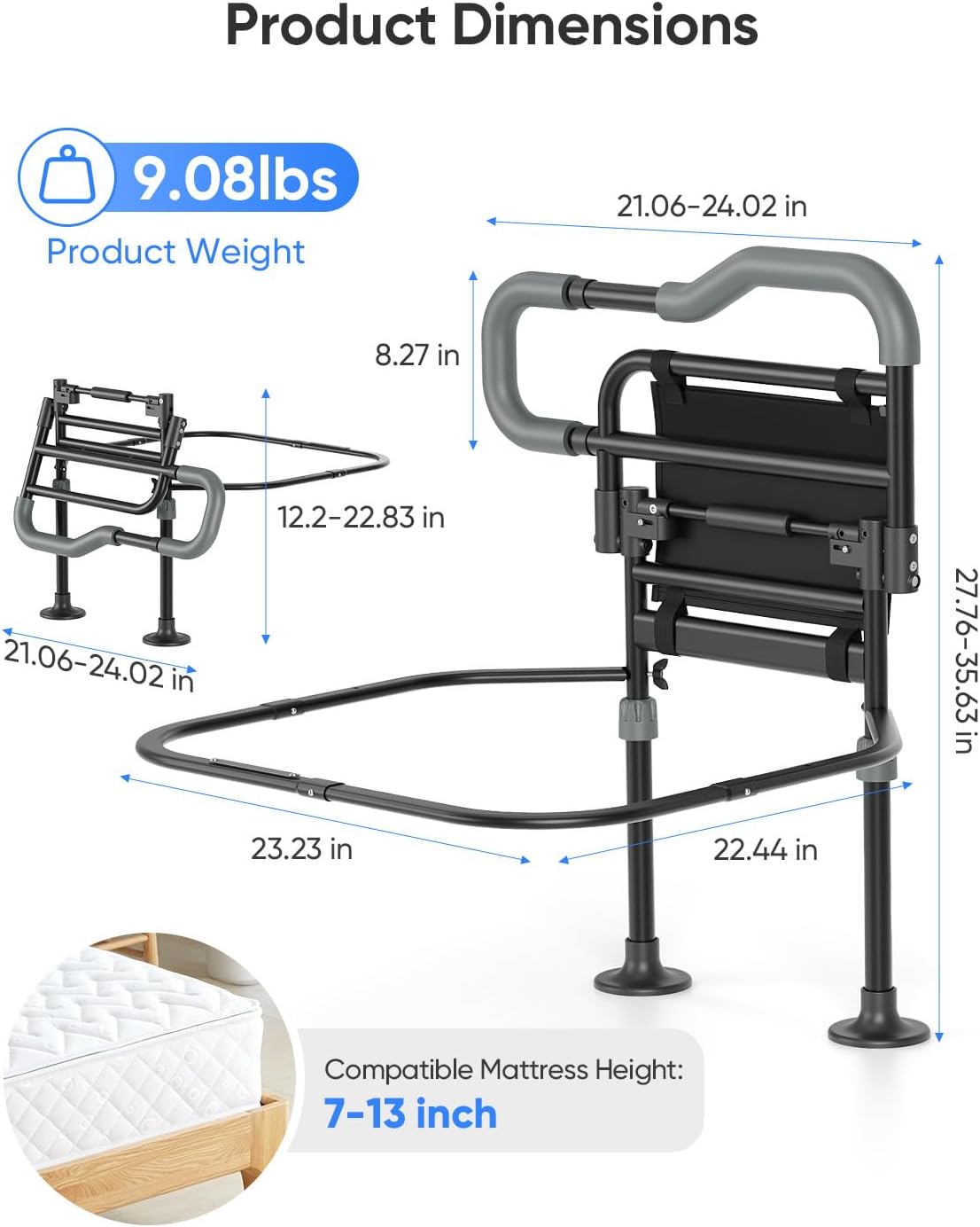 Bed Rails for Elderly Adults Safety, 180° Foldable Bed Assist Rails for Seniors, Non-Slip Handle & Suction Feet, Height Adjustable Bed Cane, Motion Sensor Light, FSA,HSA Eligible, Fits 7-13" Mattress
