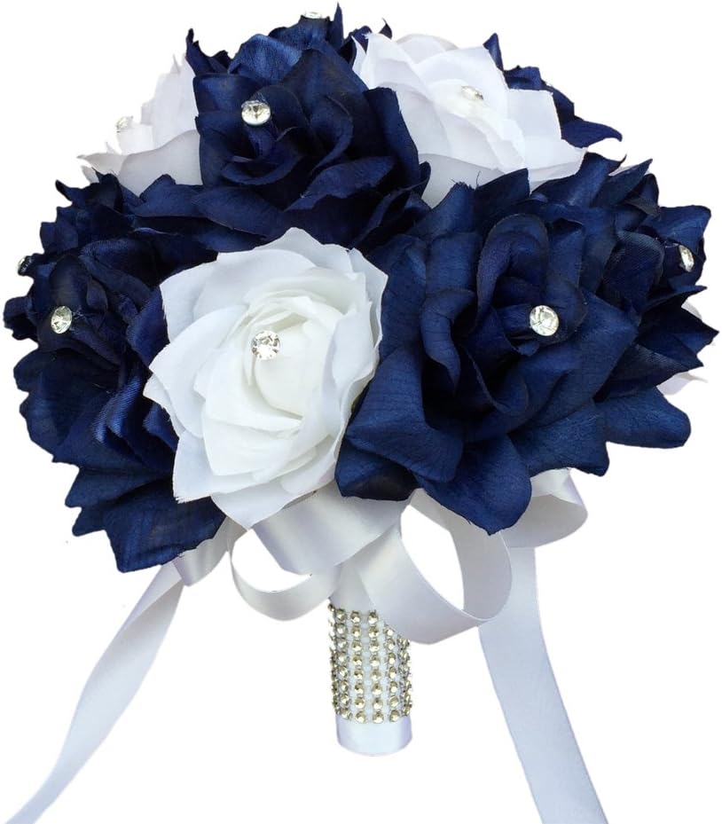 Angel Isabella 13pc-Wedding Bridal Party Artificial Flowers Package-Bouquet Boutonniere Corsages.Navy Blue White