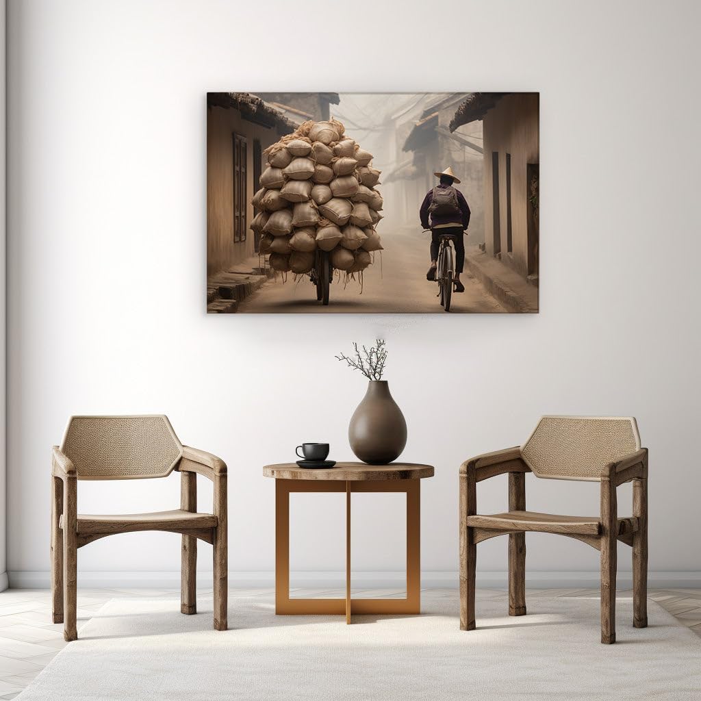 Canvas for Living room. Pedaling Through Time: A Rustic Town's Daily Journey Unveiled, 27 x 18 inch Canvas Wall Art - Ready to Hang