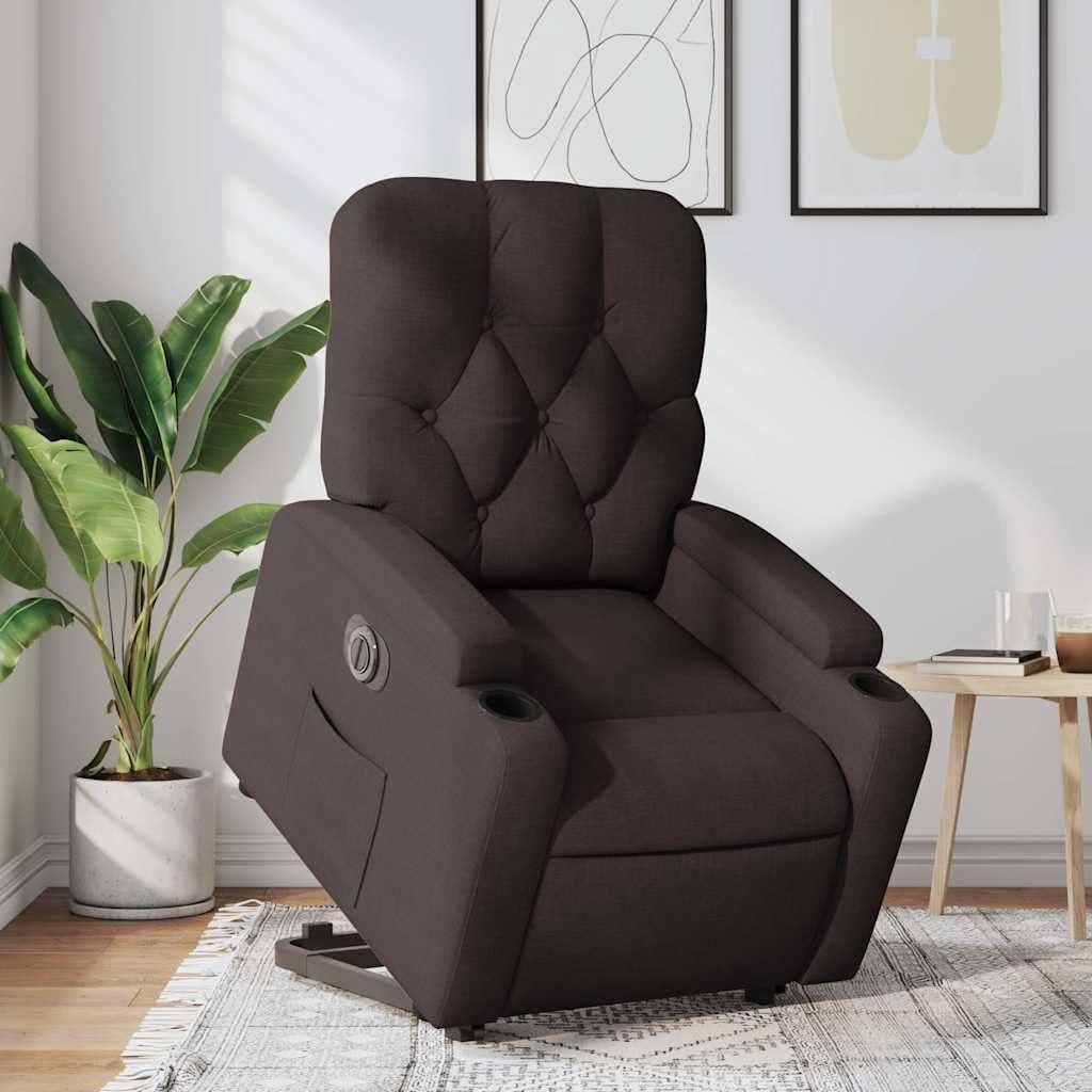 Sillón elevador eléctrico reclinable de tela marrón oscuro con motor para elevación y función reclinable automática a 135 grados, cómodo y estable