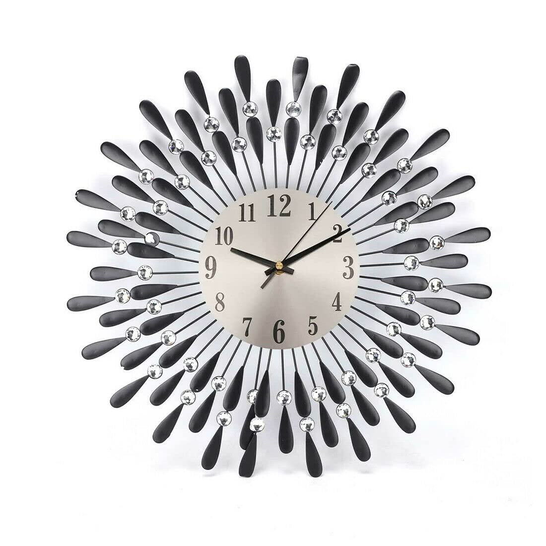 Reloj de pared 3D con cuentas de cristal con diseño de diamante con forma de sol, reloj de pared mute de cristal 3D, reloj de cuarzo electrónico para sala de estar, cocina, decoración del hogar(negro)
