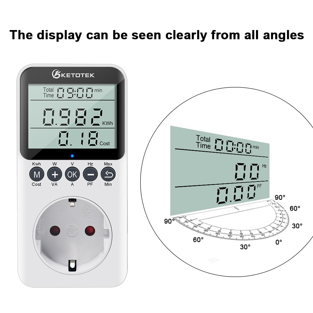 KETOTEK Medidor de Consumo Electrico, Enchufe Medidor de Energía con Pantalla LCD, Reteción de Datos Medidor de Costo de Electricidad 3680W Protección contra Sobrecarga