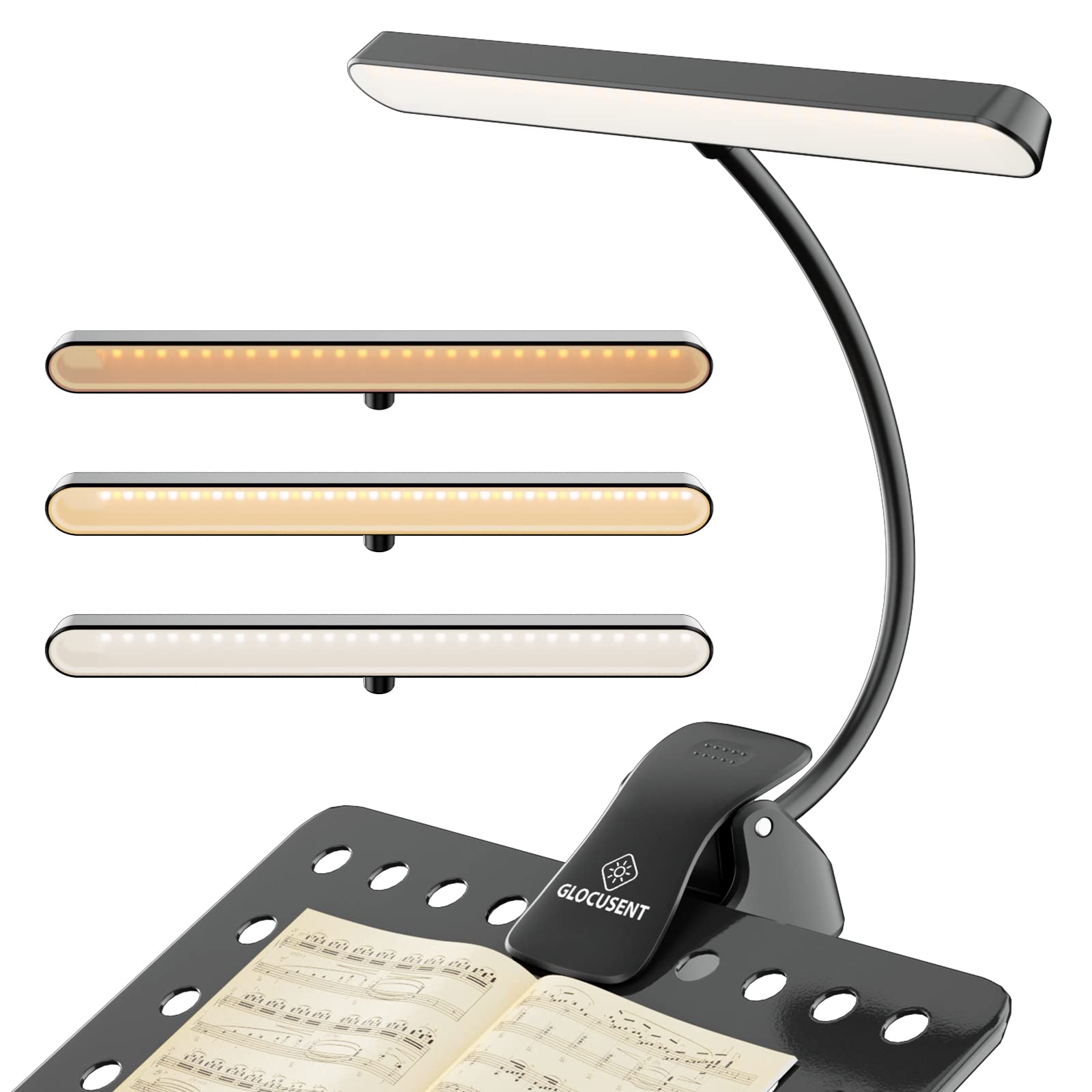 Glocusent 57 LED Lampara Partituras, Lampara Piano para el Cuidado de los Ojos, 3 Colores y 5 Brillo, Recargable por USB C, hasta 140 Hrs, Para el Piano, Partituras, Guitarra